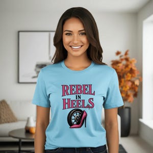 Rebel in Heels Biker Shirt, Women’s Motorcycle Rider Graphic Tee, Lady Biker Lifestyle T-Shirt, Feminine Rider Gift, Heavyweight Unisex Tee