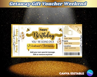 Weekend Getaway Gift Ticket: Editable Travel Voucher (Digital Download), Surprise trip reveal, Weekend getway gift