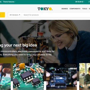 May include: Website homepage for TOKYO, an e-commerce platform. The site features a search bar, navigation links, and a banner that reads "Empowering your next big idea." The page showcases microcontrollers, electronic components, and tools for hobbyists and makers.