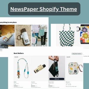 以下が含まれることがあります： NewsPaper Shopifyテーマのプロモーション画像。携帯ケース、水筒、トートバッグ、AirPodケースなど、さまざまな製品を紹介しています。製品はカラフルなデザインとパターンを持っています。「Everything in one place」と「Best Sellers」の文字も表示されています。