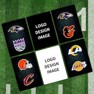 May include: A collection of rectangular cards featuring various sports team logos, including the Baltimore Ravens, Sacramento Kings, Baltimore Orioles, Cleveland Browns, Cleveland Cavaliers, Los Angeles Rams, and Los Angeles Lakers, with two cards labeled LOGO DESIGN IMAGE.