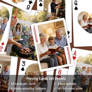 May include: Playing cards set featuring family photos. The cards show images of people enjoying various activities. The deck includes 54 cards, with 3 box options and a high-definition full-color print.