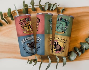 Wizard School Houses Tumbler Wrap | Magic Fantasy  20oz Skinny Sublimation PNG | Wizard Academy House Symbols Cup Design | Instant Download