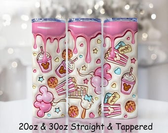 Pink Drip Theme Park Tumbler Wrap PNG: Sweets & Snacks Sublimation Design (Digital Download)