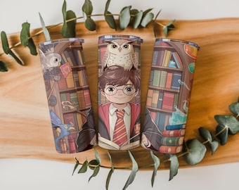 Wizard School Boy Tumbler Wrap | Magic Student Owl Library 20oz Skinny Sublimation PNG | Wizard Academy Cup Design | Instant Download