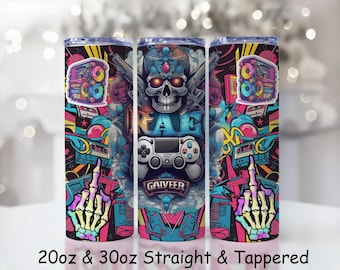 Neon Skull Gamer Tumbler Wrap | 20oz Sublimation PNG | Retro Vaporwave Gaming Skeleton Design
