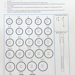 May include: Printable ring sizer tool and chart from Amor Bands. Includes instructions and a ring sizer tool. The chart displays ring sizes from 3 to 16, with corresponding millimeter measurements. A print scale check is also included.