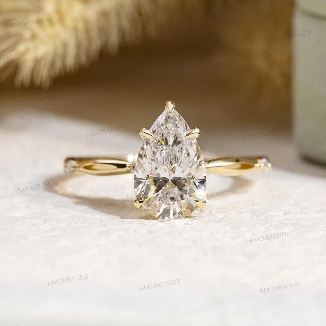 Pear Cut Diamond Engagement Ring Teardrop Solitaire Bridal Ring Dainty ...