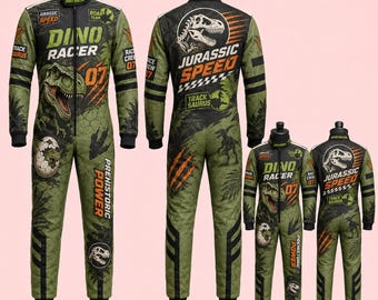 Tuta da corsa a tema dinosauri personalizzata, completo da karting personalizzato per bambini, tuta da pilota di dinosauri per adulti, costume da corsa giurassica