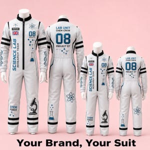 May include: White jumpsuits with black trim featuring science-themed graphics including atoms, DNA strands, microscopes, and beakers. Text includes "SCIENCE LAB RESEARCH TEAM," "LAB UNIT CHEM CREW," "08 PROJECT 07," "STEM FORCE," and "ROMAN" with a UK flag.