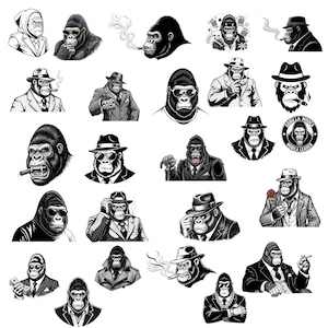 May include: A collection of black and white illustrations featuring gorillas in various poses. The gorillas are depicted wearing hats, suits, and sunglasses, some smoking cigars. The images have a vintage, gangster-like aesthetic.
