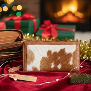 Braune und weiße Brieftasche aus Rindsleder für Frauen: Handgemachte Reißverschluss-Western-Geldbörse, echtes Hautgeschenk für Weihnachten