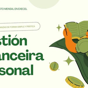 Könnte beinhalten: Illustration mit dem Text "Gestión Financeira Personal" in Grün. Eine Person liest ein Buch, während sie auf einer grünen Oberfläche schwebt, mit Münzen und Sternen um sich herum. Der Text "ADMINISTRA TUS FINANZAS DE FORMA SIMPLE Y PRÁTICA" ist ebenfalls vorhanden.