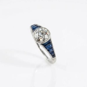 Antique Art Deco-style French Cut Blue Sapphire Stackable Retro Edwardian Ring Vintage Propose Ring