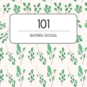 May include: A notebook with a cream-colored background and a pattern of green leafy branches. The notebook has a white rectangular label with the number "101" and the text "BATERÍA SOCIAL" in black.