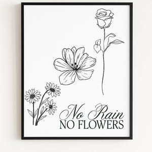 No Rain No Flowers Black and White Digital Print – Minimalist Wall Art, Inspirational Quote Printable, Modern Home Decor