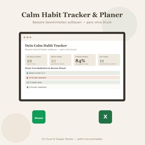 Calm Habit Tracker & Planer | Digitaler Gewohnheiten Tracker für Excel und Google Sheets | Ruhiges Design ohne Gamification Deutsch