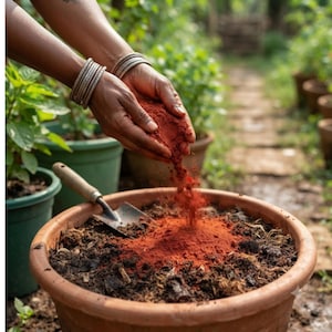 May include: A terracotta plant pot filled with dark soil and a small metal hand trowel. A fine, vibrant red powder is being poured from cupped hands onto the soil surface, creating a concentrated pile of red dust within the center of the container.