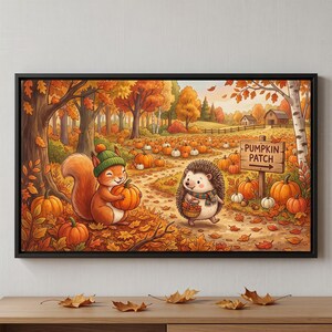Cute Fall Animal Canvas Print, Autumn Pumpkin Patch Wall Art, Woodland Squirrel and Hedgehog Decor, Farmhouse Harvest Art, Black Frame