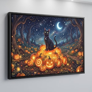 May include: A framed wall art print depicting a black cat with yellow eyes sitting atop a pile of glowing orange jack-o'-lanterns in a dark forest at night. The scene features a starry sky with a crescent moon, bare trees, and carved pumpkins.