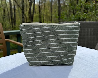 May include: A small, olive green zippered pouch with a white geometric pattern. The pouch is rectangular and sits on a white surface. The background features a blurred view of trees and foliage.