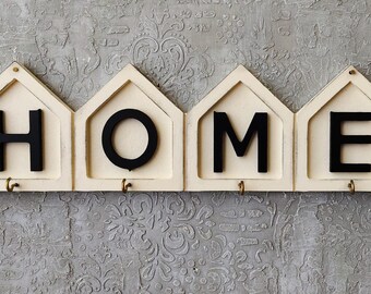 HOME Schlüsselhalter aus Holz |  Handgemalte rustikale Wanddekoration | Türhänger