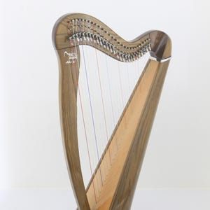 May include: A wooden harp with a curved neck and a triangular body. The harp has strings of various colors and the brand name "MIKEL HARPS" is visible on the neck. The harp is made of light and dark brown wood.