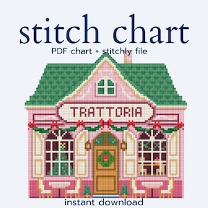 Puede incluir: Un patrón de punto de cruz de un edificio rosa y verde con la palabra "TRATTORIA" en un letrero. La imagen incluye el texto "stitch chart" y "instant download". El edificio tiene un tejado verde y está decorado con lazos rojos.