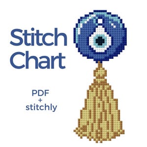 May include: A digital cross-stitch chart featuring a blue and white evil eye design with a gold tassel. The words "Stitch Chart" and "PDF + stitchly" are displayed in blue text on a white background.