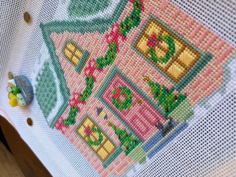 Garland Row House Needlepoint Chart Pair – Cross stitch Christmas Village Pattern, 13 Count Printable Canvas, Needlepoint Christmas Village image 4