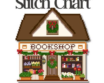Schema punto croce per libreria • Schema punto croce case di villaggio PDF + File Stitchly • Punti 100x99 • 13 Mesh Book Store Needlepoint