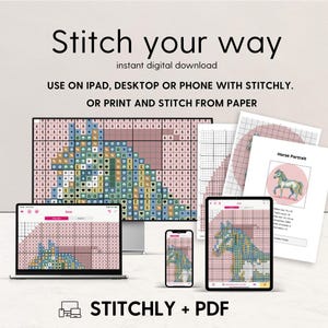 May include: Digital cross-stitch pattern displayed on a laptop, tablet, smartphone, and printed paper. The image shows a horse portrait with the text "Stitch your way" and "instant digital download". The product is available on Stitchly + PDF.