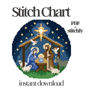 Könnte beinhalten: Ein Pixel-Art-Kreuzstichmuster mit dem Titel Stitch Chart, das eine Krippenszene mit einem hellen Stern, Figuren in blauen und braunen Gewändern, einer Krippe, Schafen und einem Esel unter einem dunkelblauen, sternenklaren Nachthimmel zeigt.
