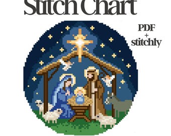 May include: A pixel art cross stitch chart featuring a nativity scene with a central star, figures in a stable, and animals on a green base. The text reads Stitch Chart, PDF + stitchly, and instant download in a dark blue circular frame.