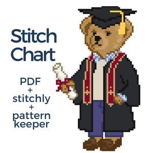May include: Pixelated illustration of a teddy bear wearing a graduation gown and cap, holding a diploma. The bear is brown with a black cap and a red and gold sash. Text on the left reads "Stitch Chart" and "PDF + stitchly + pattern keeper."