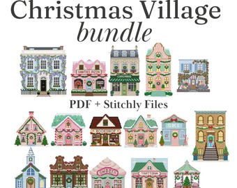 Schema per decorazioni natalizie a punto croce: villaggio, casette, cottage / PDF per punto croce + Stitchly / Download digitale immediato