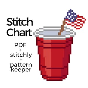 May include: Pixelated image of a red cup with an American flag on a stick. The text "Stitch Chart" is above the cup, with "PDF + stitchly + pattern keeper" below. The design is likely for a cross-stitch or embroidery pattern.