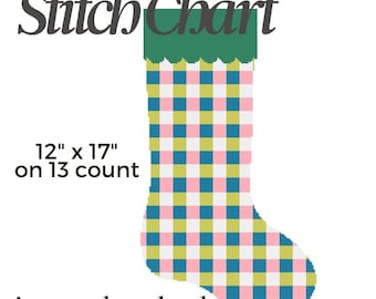 Needlepoint Stocking Pattern, Christmas Needlepoint Stocking Chart, Gingham Christmas Stocking Digital PDF, 13 Mesh Needlepoint