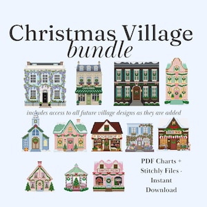 Könnte beinhalten: Eine digitale Sammlung mit dem Titel Christmas Village bundle, die verschiedene Illustrationen von Gebäuden im Kreuzstich-Stil zeigt, darunter Häuser, ein Buchladen, eine Kirche und eine Pizzeria, die weihnachtlich geschmückt sind. PDF Charts + Stitchly Files.