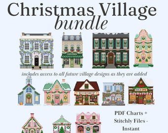 Christmas Needlepoint Ornament Chart Bundle Village Cottage Houses | Cross Stitch PDF + Stitchly | Instant Digital Download
