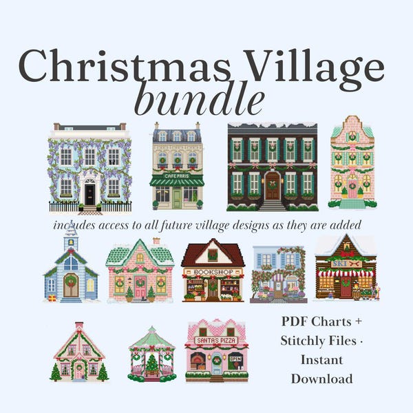 Christmas Needlepoint Ornament Chart Bundle Village Cottage Houses | Cross Stitch PDF + Stitchly | Instant Digital Download
