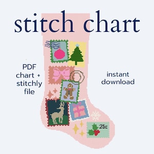 Pink Christmas Needlepoint Stocking Pattern • PDF Chart for 13 Mesh • Modern Stamp Stocking Needlepoint Design • Holiday Stocking Template