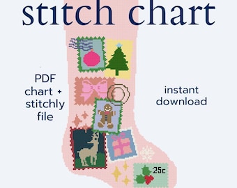 Pink Christmas Needlepoint Stocking Pattern • PDF Chart for 13 Mesh • Modern Stamp Stocking Needlepoint Design • Holiday Stocking Template