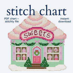 May include: A cross-stitch pattern of a sweets shop with a pink and green color scheme. The shop has a pink roof, a sign that says "sweets", and windows displaying cupcakes. The text "stitch chart" is at the top.