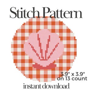 May include: A round cross-stitch pattern with a gingham border in orange and white, surrounding a pink floral design. The text "Stitch Pattern" is at the top, and the dimensions are 3.9" x 3.9". The words "instant download" are at the bottom.