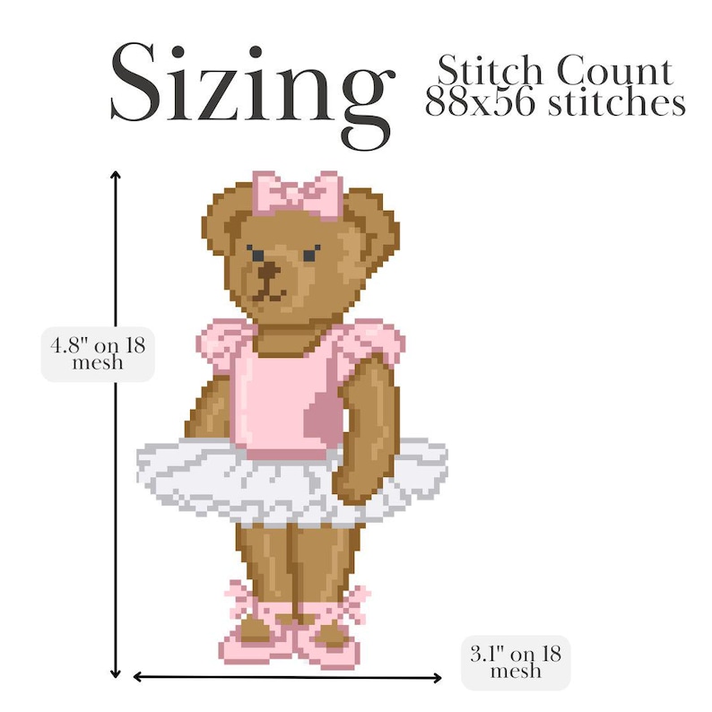 Puede incluir: Un oso de peluche en pixel art con un maillot rosa, un tut&uacute; blanco y zapatillas de ballet rosas con cintas. El oso tiene un lazo rosa en la cabeza. El texto indica 88x56 puntos, con dimensiones de 12,19 cm por 7,87 cm en 18 mesh.