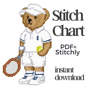 May include: A pixelated illustration of a teddy bear dressed in tennis attire, holding a tennis racket and ball. The bear wears a white tennis outfit with blue accents and a visor. The image includes the text "Stitch Chart" and "instant download."