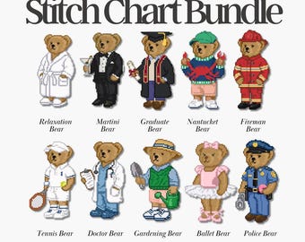 Puede incluir: Un conjunto de patrones de punto de cruz con osos de peluche en varias profesiones y actividades. Los osos están vestidos como médico, bombero, tenista y más. Se muestra el texto "Stitch Chart Bundle" y "PDF+ Stitchly".