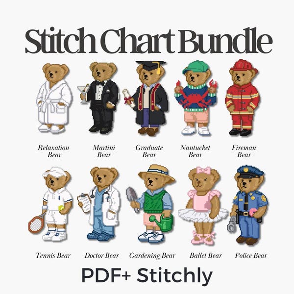 Polo Bär Nadelspitzen Vorlage PDF | Bär im Schlafanzug & Charakterbär | Moderne Stickspitze | Stickdateien | Sofort Download