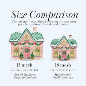 May include: A size comparison chart shows two cross-stitch house designs. The larger house is 7.7 inches (19.5 cm) and the smaller is 5.5 inches (14 cm). Text reads "Size Comparison" and "Fits any mesh size."